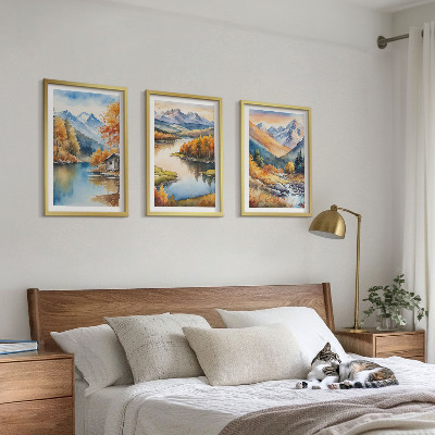Conjunto de 3 quadros com moldura Rios de montanha árvores de outono
