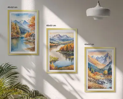 Conjunto de 3 quadros com moldura de rios de montanha com árvores de outono