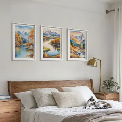 Conjunto de 3 quadros com moldura de rios de montanha com árvores de outono