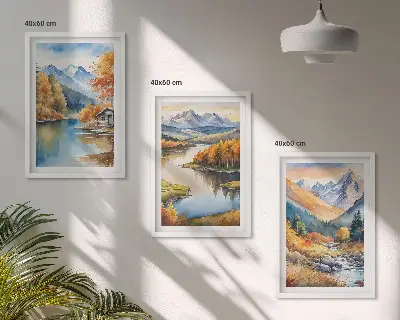 Conjunto de 3 quadros com moldura de rios de montanha com árvores de outono