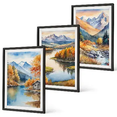 Conjunto de 3 quadros com moldura de rios de montanha com árvores de outono