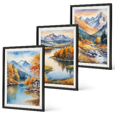 Conjunto de 3 quadros com moldura Rios de montanha árvores de outono