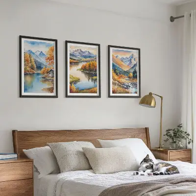 Conjunto de 3 quadros com moldura de rios de montanha com árvores de outono