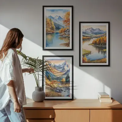Conjunto de 3 quadros com moldura de rios de montanha com árvores de outono