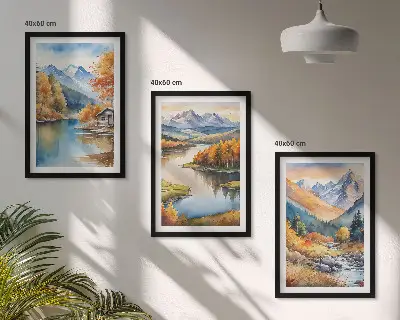 Conjunto de 3 quadros com moldura de rios de montanha com árvores de outono