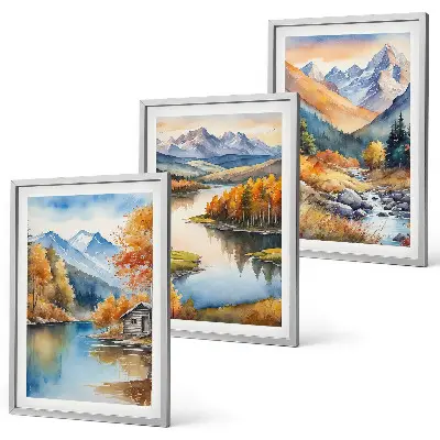 Conjunto de 3 quadros com moldura de rios de montanha com árvores de outono