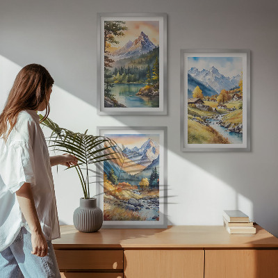 Conjunto de quadros para sala de estar Paisagem montanhosa com um rio