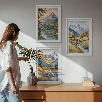 Conjunto de quadros para sala de estar Paisagem montanhosa com um rio