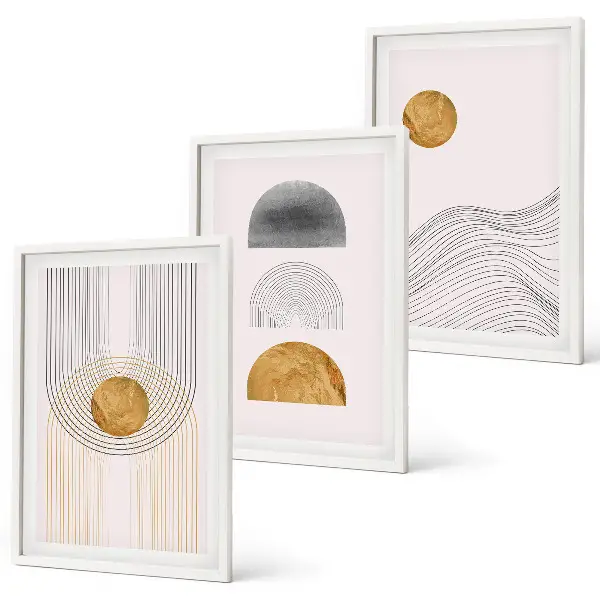 Composição de quadros moderna com formas abstratas em tons de bege e cinza