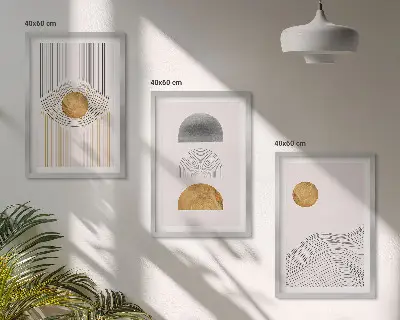 Composição de quadros moderna com formas abstratas em tons de bege e cinza
