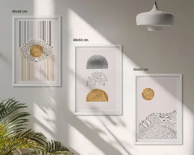 Composição de quadros moderna com formas abstratas em tons de bege e cinza