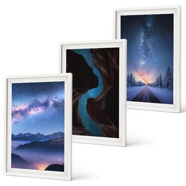 Conjunto de 3 quadros com moldura Céu noturno, montanhas, paisagem de inverno