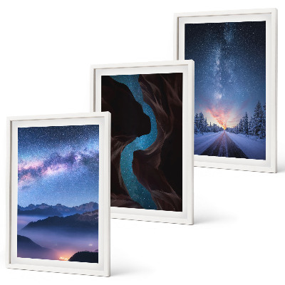 Conjunto de 3 quadros com moldura Céu noturno, montanhas, paisagem de inverno