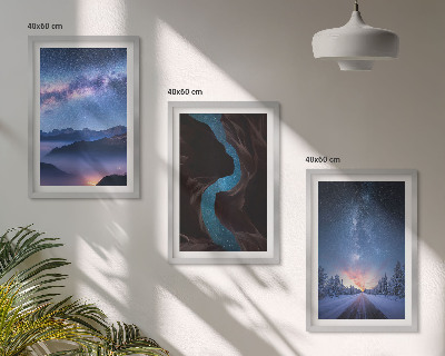 Conjunto de 3 quadros com moldura Céu noturno, montanhas, paisagem de inverno