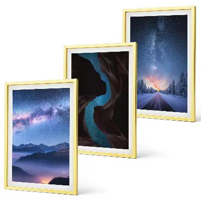 Conjunto de 3 quadros com moldura céu noturno com paisagem de montanhas no inverno