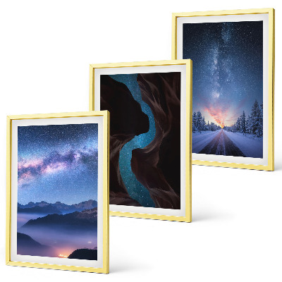 Conjunto de 3 quadros com moldura Céu noturno, montanhas, paisagem de inverno