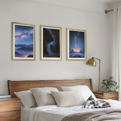 Conjunto de 3 quadros com moldura Céu noturno, montanhas, paisagem de inverno