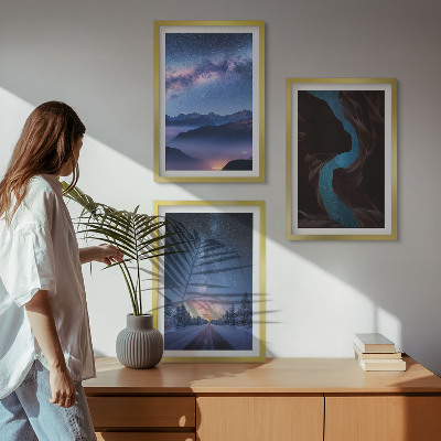 Conjunto de 3 quadros com moldura Céu noturno, montanhas, paisagem de inverno