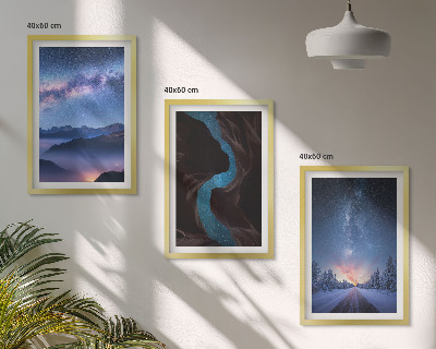 Conjunto de 3 quadros com moldura Céu noturno, montanhas, paisagem de inverno