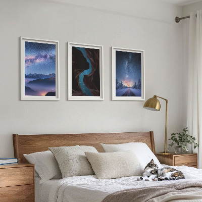 Conjunto de 3 quadros com moldura Céu noturno, montanhas, paisagem de inverno