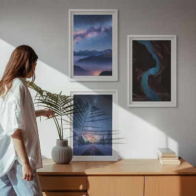 Conjunto de 3 quadros com moldura Céu noturno, montanhas, paisagem de inverno