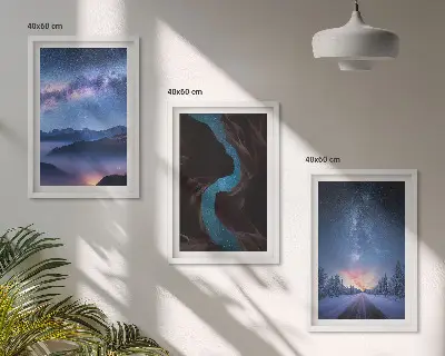 Conjunto de 3 quadros com moldura céu noturno com paisagem de montanhas no inverno