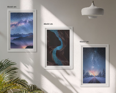 Conjunto de 3 quadros com moldura Céu noturno, montanhas, paisagem de inverno