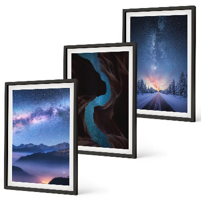 Conjunto de 3 quadros com moldura Céu noturno, montanhas, paisagem de inverno
