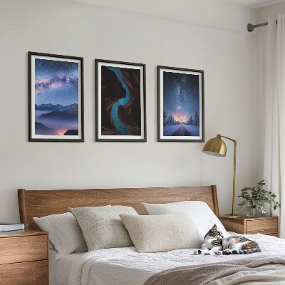 Conjunto de 3 quadros com moldura Céu noturno, montanhas, paisagem de inverno