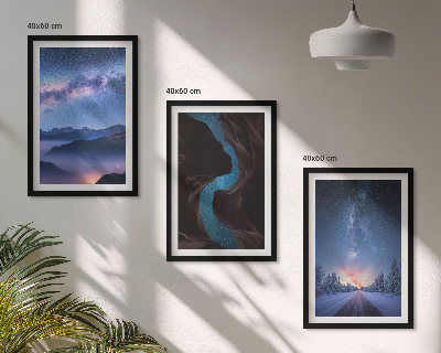 Conjunto de 3 quadros com moldura Céu noturno, montanhas, paisagem de inverno