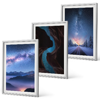 Conjunto de 3 quadros com moldura Céu noturno, montanhas, paisagem de inverno
