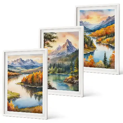 Conjunto de quadros para sala de estar com paisagem de montanhas e rio
