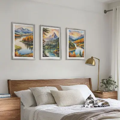 Conjunto de quadros para sala de estar com paisagem de montanhas e rio