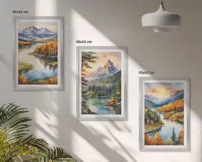 Conjunto de quadros para sala de estar com paisagem de montanhas e rio