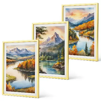 Conjunto de quadros para sala de estar com paisagem de montanhas e rio