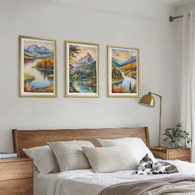 Conjunto de quadros para sala de estar com paisagem de montanhas e rio