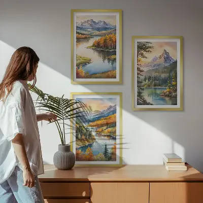 Conjunto de quadros para sala de estar com paisagem de montanhas e rio