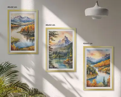 Conjunto de quadros para sala de estar com paisagem de montanhas e rio