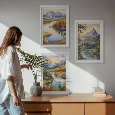 Conjunto de quadros para sala de estar com paisagem de montanhas e rio