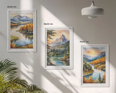 Conjunto de quadros para sala de estar com paisagem de montanhas e rio