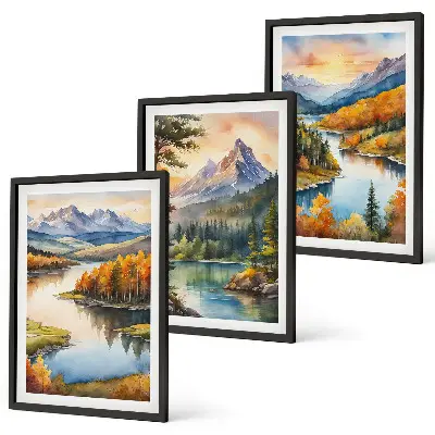 Conjunto de quadros para sala de estar com paisagem de montanhas e rio