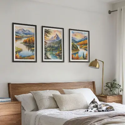 Conjunto de quadros para sala de estar com paisagem de montanhas e rio