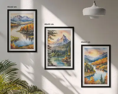 Conjunto de quadros para sala de estar com paisagem de montanhas e rio