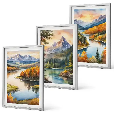 Conjunto de quadros para sala de estar com paisagem de montanhas e rio