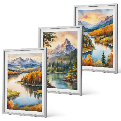 Conjunto de quadros para sala de estar Paisagens montanhosas com um rio