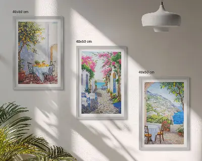 Composição de quadros moderna com ruas charmosas, plantas e mar