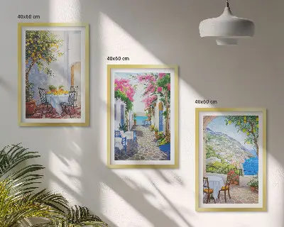 Composição de quadros moderna com ruas charmosas, plantas e mar