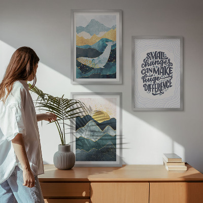 Conjunto de 3 quadros com moldura Inspiração abstrata de montanhas