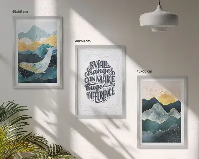 Conjunto de 3 quadros com moldura com inspiração abstrata de montanhas