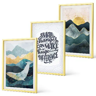 Conjunto de 3 quadros com moldura com inspiração abstrata de montanhas